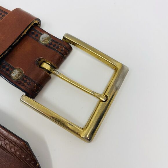 VTG Mens 34 Brown Tooled Leather Western Cowboy Belt Adjustable Gold Buckle Work - Picture 7 of 15